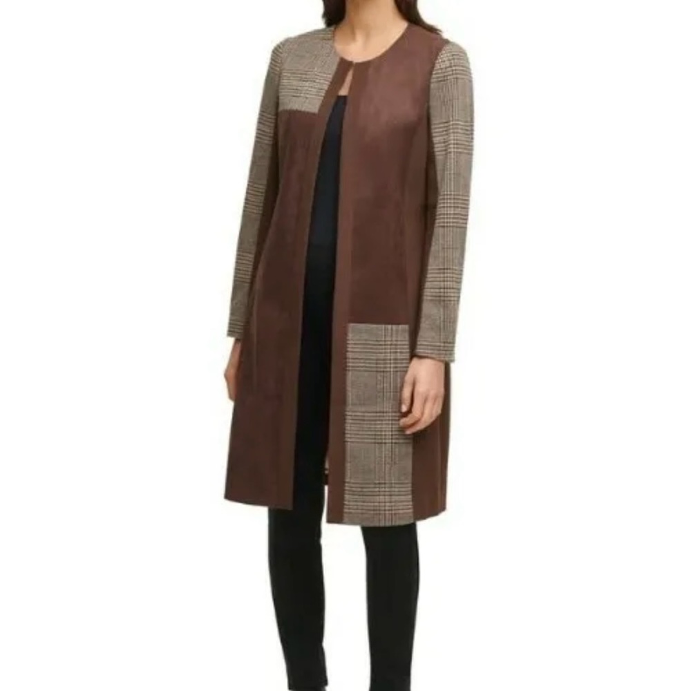 Calvin Klein Plaid Suede Jacket Topper Trench Coat Lined Preppy Brown Tan